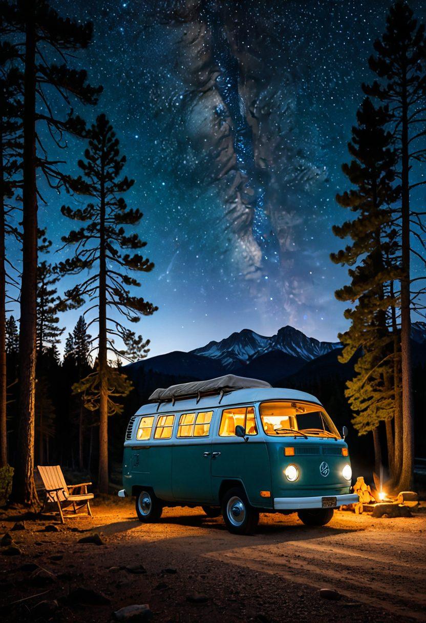 A serene and cozy roadside scene at night, showcasing a restful traveler sleeping peacefully in a well-equipped camper van, surrounded by twinkling stars and a calming moonlight glow. Playful elements like fluffy pillows and warm blankets add to the comfort, with a subtle hint of nature in the background, such as pine trees and distant mountains. The atmosphere exudes tranquility and inspiration, invoking a sense of restful adventure. super-realistic. vibrant colors. night setting.