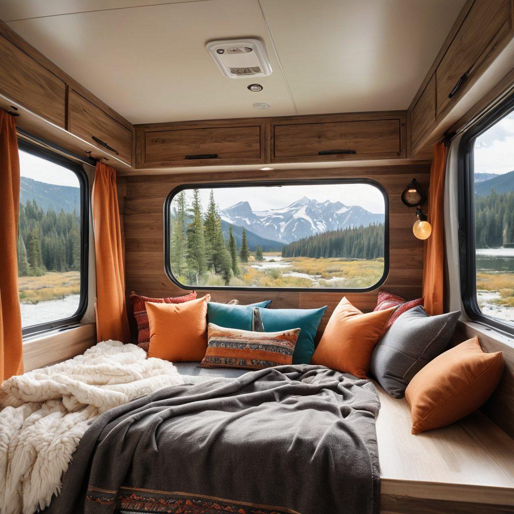 A cozy, compact recreational vehicle interior showcasing a neatly arranged bedding setup, with fluffy blankets and decorative pillows that create an inviting atmosphere. Include a cozy nook with sunlight streaming through a window, outdoor scenery visible, and subtle hints of travel gear nearby, inspiring adventure. The color palette should be warm and inviting, enhancing the sense of homeliness. super-realistic. vibrant colors. natural lighting.