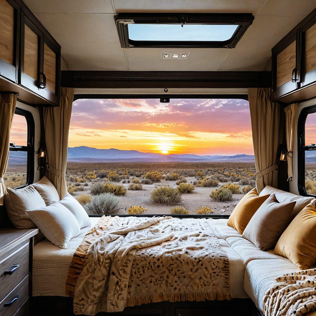 A serene RV interior featuring a cozy bed adorned with plush pillows and soft blankets, large windows revealing a beautiful sunset landscape outside, a hint of camping gear scattered around, and a welcoming feel of relaxation. super-realistic. warm colors. tranquil atmosphere.